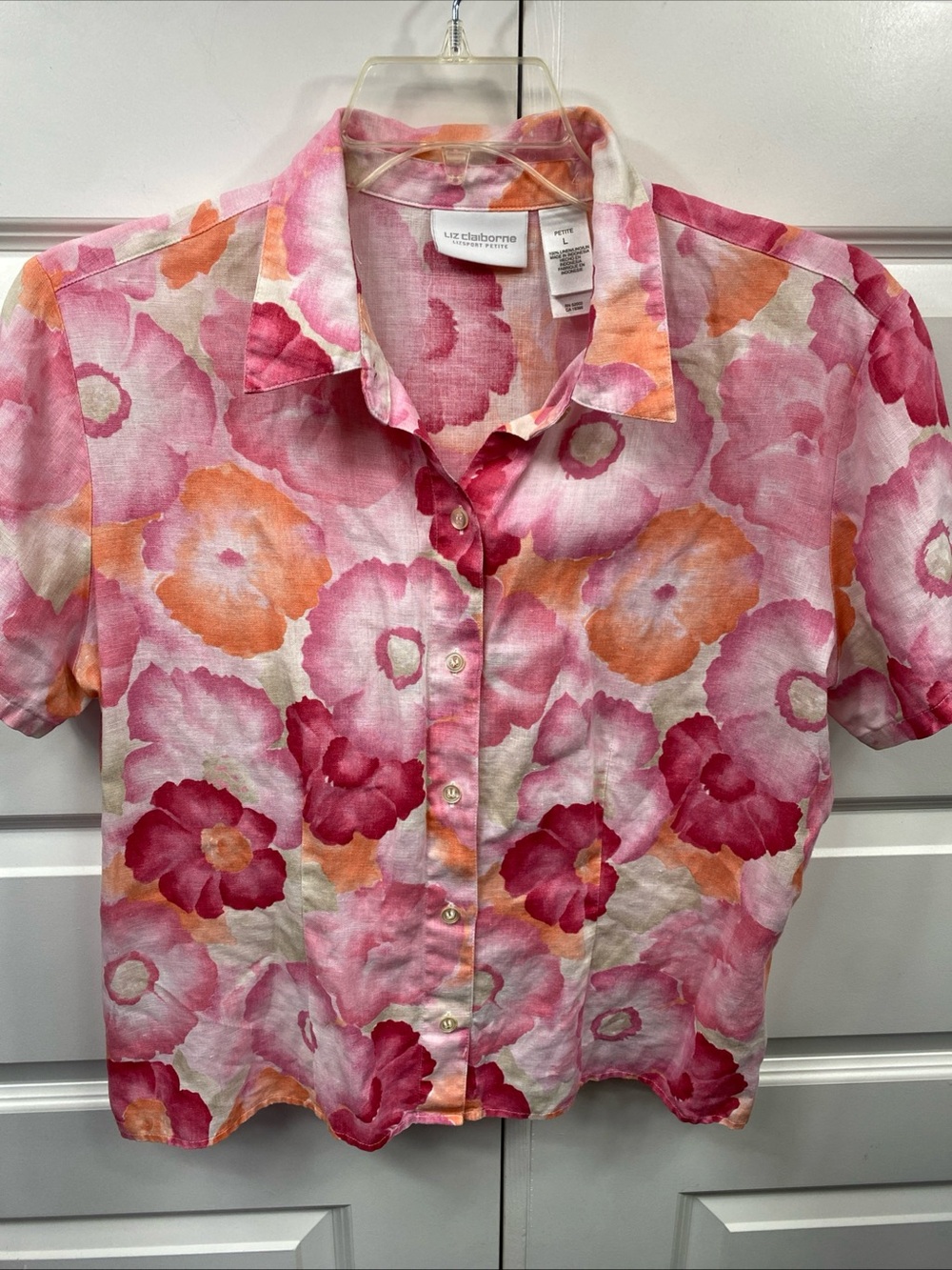 Liz Claiborne 100% Linen Colorful Floral Button-Up Blouse Petite Large Tropical